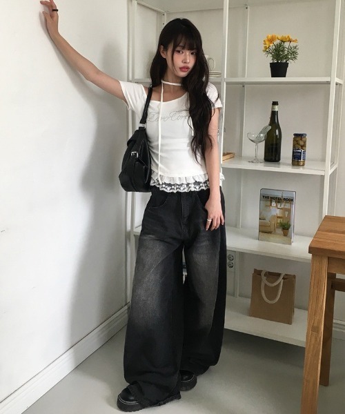 anyonemore tシャツ 裾レースフリルワンオフショルダーキュービック