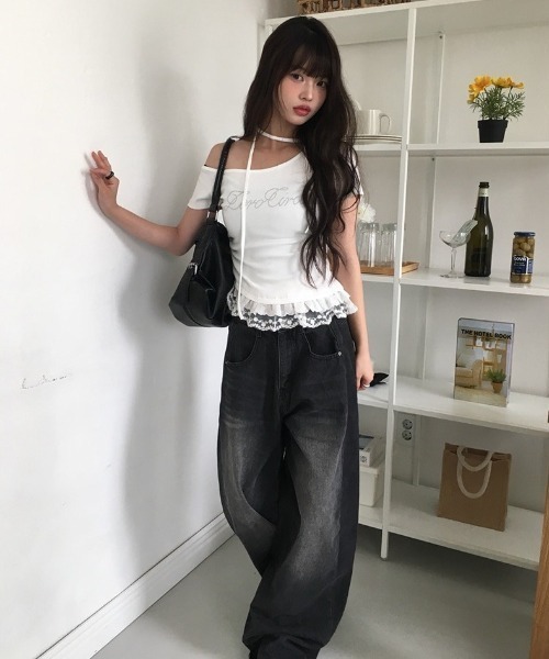 anyonemore tシャツ 半袖 裾レースフリルワンオフショルダー