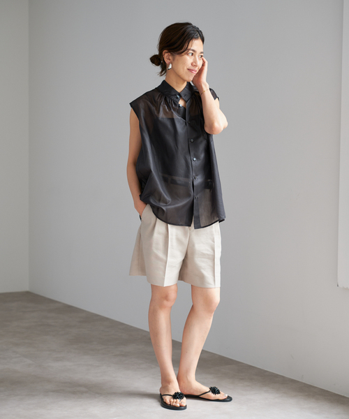 IENA ブラウス シャツ PLUMシアーストライプノースリブラウス