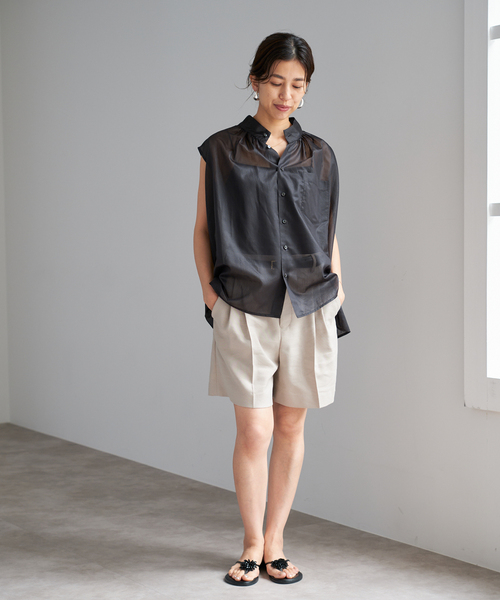 IENA ブラウス シャツ PLUMシアーストライプノースリブラウス