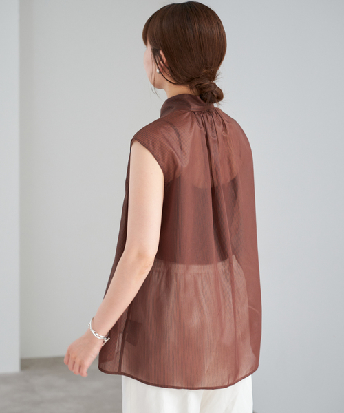 IENA ブラウス シャツ PLUMシアーストライプノースリブラウス