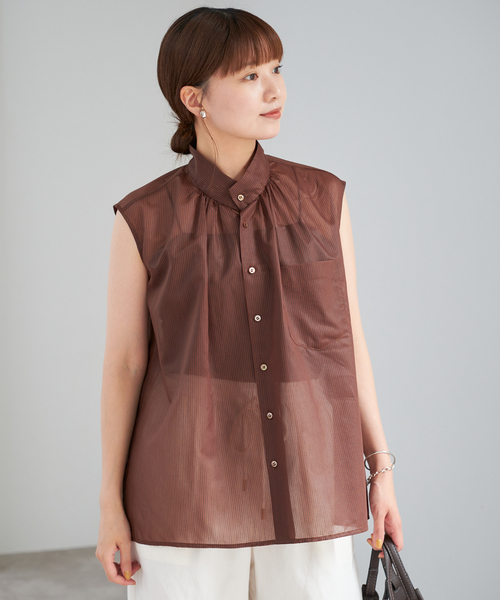 IENA ブラウス シャツ PLUMシアーストライプノースリブラウス