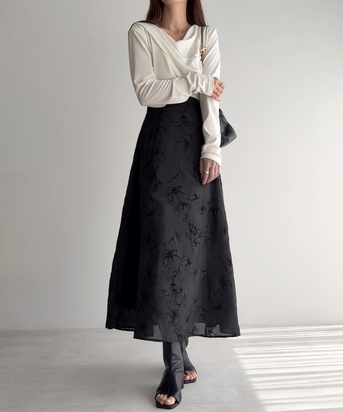 JUNOAH（ジュノア） ワンピース ドレープドッキングウエストリボン花柄