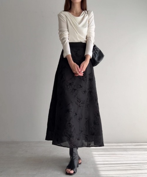 JUNOAH（ジュノア） ワンピース ドレープドッキングウエストリボン花柄