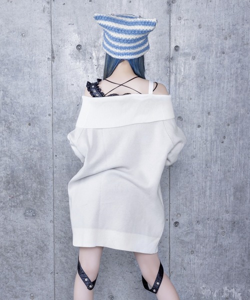 アミリージュ Crossオフショルジャカードニット ホワイト 白 セール】Crossオフショルジャガードニット（ニット/セーター