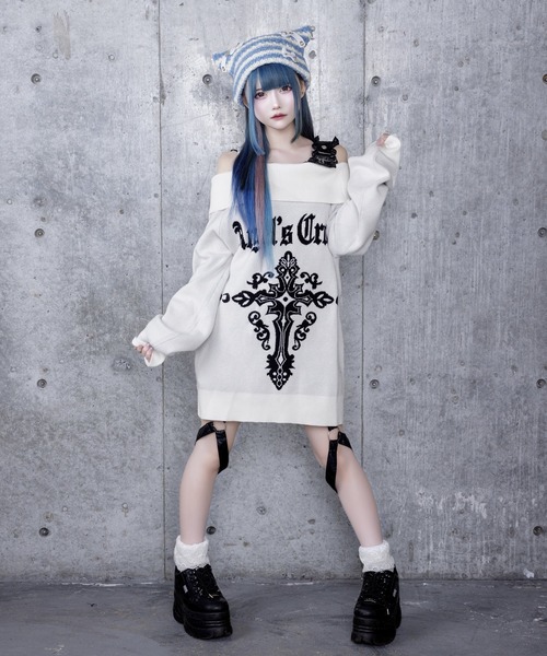 アミリージュ Crossオフショルジャカードニット ホワイト 白 セール】Crossオフショルジャガードニット（ニット/セーター