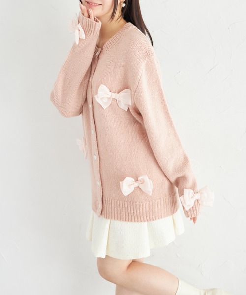 Suyunn カーディガン シフォンリボン付きビジュー釦ロングニット