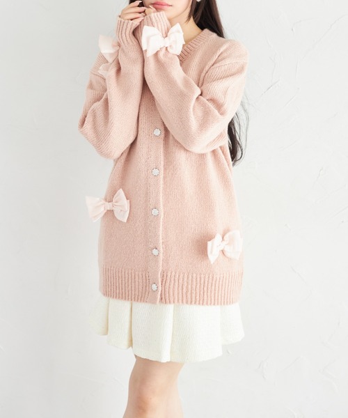 Suyunn カーディガン シフォンリボン付きビジュー釦ロングニット
