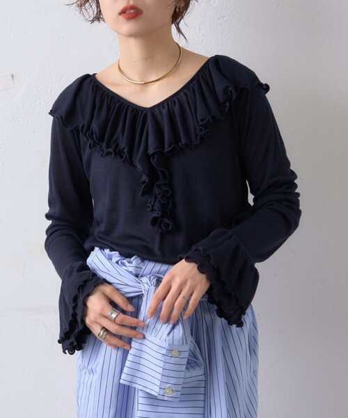 WILLOW tシャツ 「willow」シアーリブラッフルトップス レディース