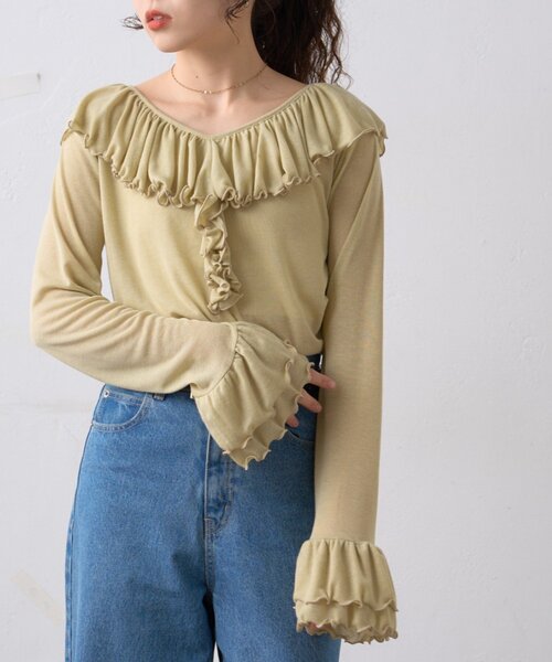 WILLOW tシャツ 「willow」シアーリブラッフルトップス レディース