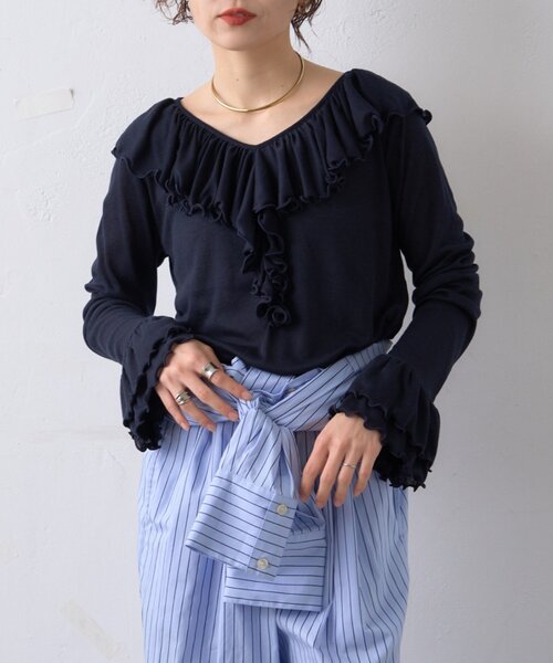 WILLOW tシャツ 「willow」シアーリブラッフルトップス レディース
