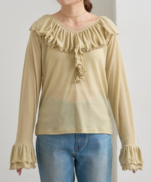 WILLOW tシャツ 「willow」シアーリブラッフルトップス レディース
