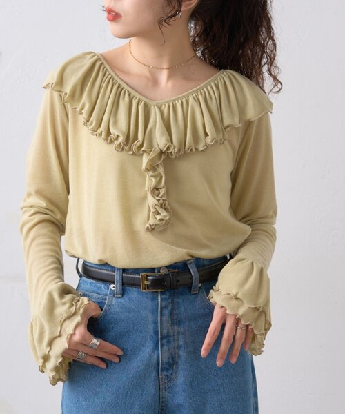 WILLOW tシャツ 「willow」シアーリブラッフルトップス レディース