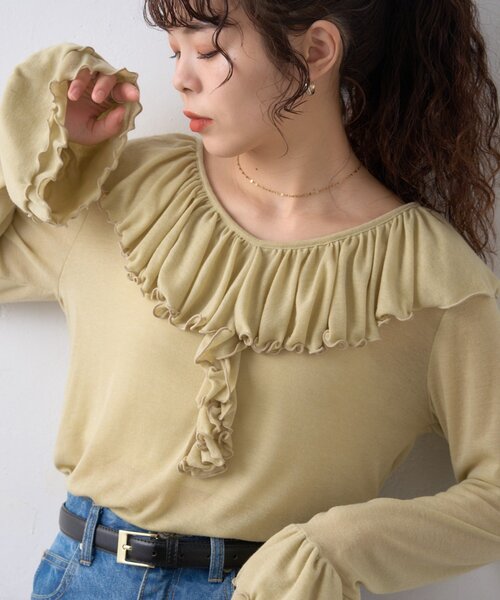 WILLOW tシャツ 「willow」シアーリブラッフルトップス レディース