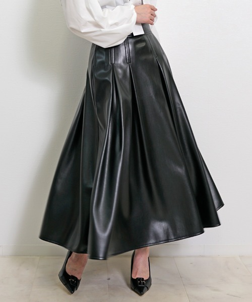 CH_hdmn ロング スカート フェイクレザー タックフレアロングスカート