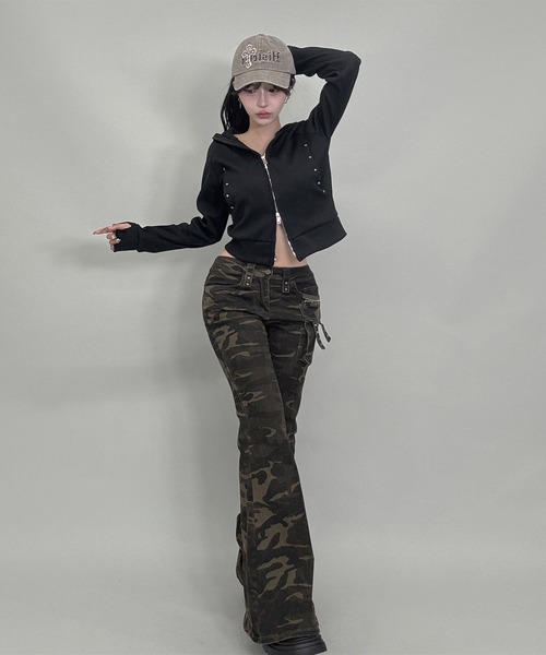 「FOLLOWIN」 ブーツカットデニムパンツ MEDIUM カーキ レディース_画像5