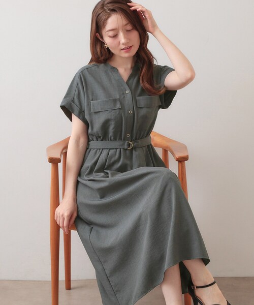 ワンピース ダブルポケットスキッパーワンピース「防シワ／洗濯機OK」「XS〜3L／6col」の画像