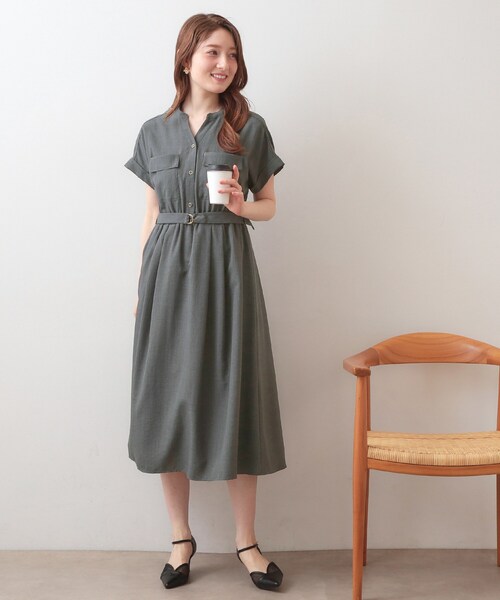 ワンピース ダブルポケットスキッパーワンピース「防シワ／洗濯機OK」「XS〜3L／6col」の画像
