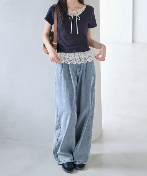 ワイドパンツ ジーンズ デニム デニムパンツ フロントタックデニム