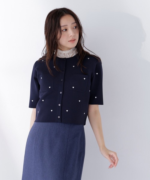 カーディガン 「追加生産予約」ハート刺繍ニットジャケット レディースの画像