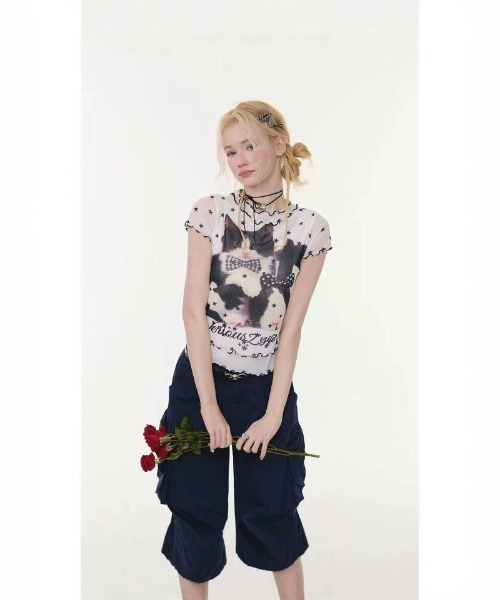 PUTUMAYO 天使プリント 半袖首元リボン付きフリルTシャツ レア品y2k tシャツ 半袖 Y2K 子ネコリボンプリント＋星柄メロウカットクロップ T