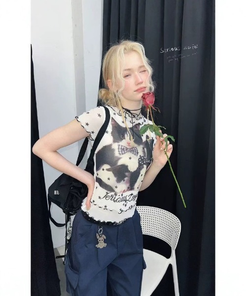 tシャツ 半袖 Y2K 子ネコリボンプリント＋星柄メロウカットクロップ T