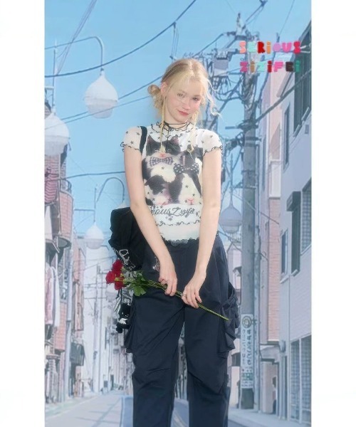 tシャツ 半袖 Y2K 子ネコリボンプリント＋星柄メロウカットクロップ T