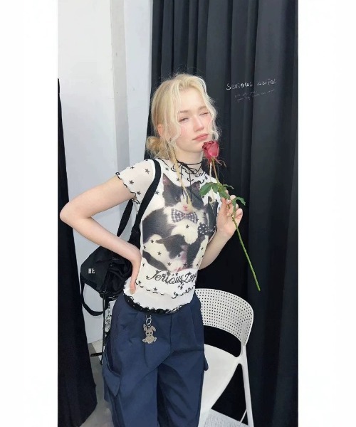 PUTUMAYO 天使プリント 半袖首元リボン付きフリルTシャツ レア品y2k t