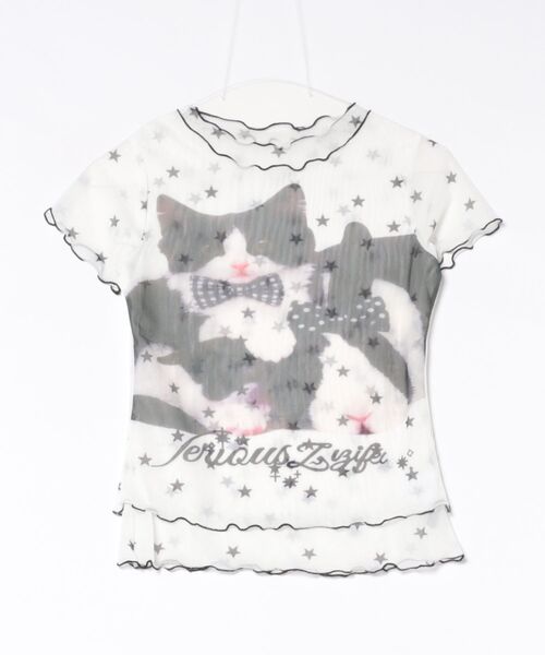 tシャツ 半袖 Y2K 子ネコリボンプリント＋星柄メロウカットクロップ T