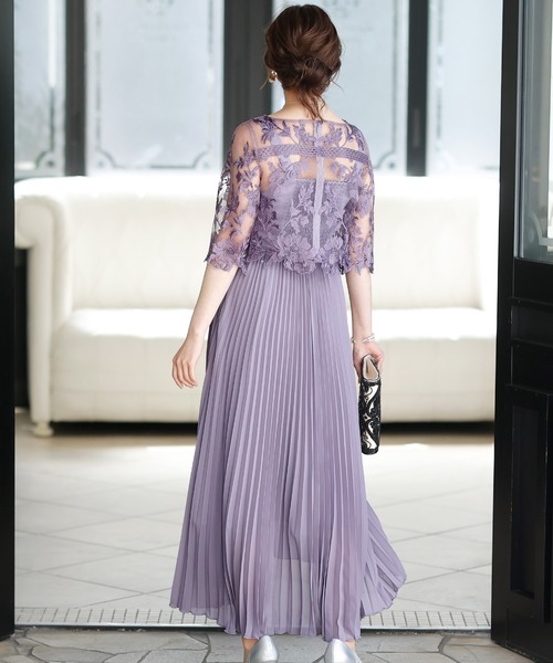 POURVOUS お呼ばれドレス オケージョン 総レース シアー ロングワンピ PourVous ドレス 七分袖＆ロングワンピースドレススカラップ