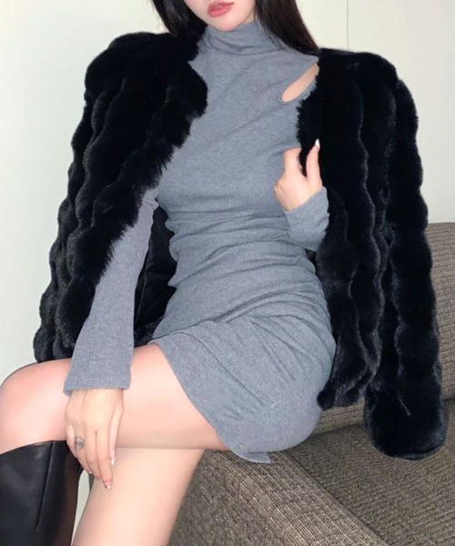 Riff（リフ） ノーカラーコート コート ファーブルゾン ファーショート