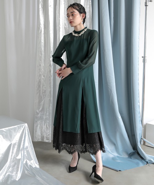 ドレス 【シアーフラワーバストジップベルト】 「Callarus」「結婚式・お呼ばれ・パーティー・オケージョンドレス」裾スリットレースデザインロング丈ワンピースドレス