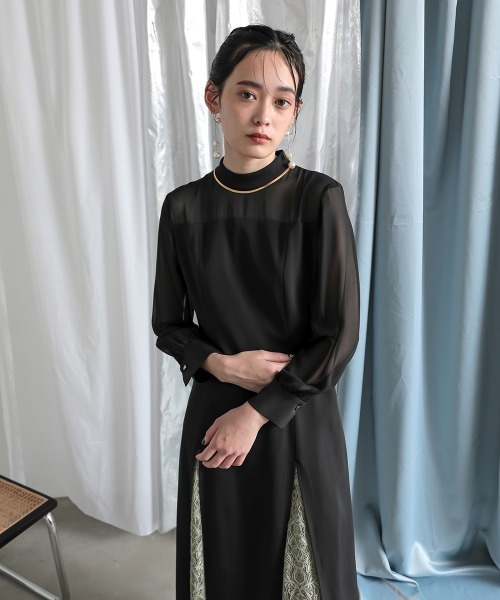ドレス 【シアーフラワーバストジップベルト】 「Callarus」「結婚式・お呼ばれ・パーティー・オケージョンドレス」裾スリットレースデザインロング丈ワンピースドレス