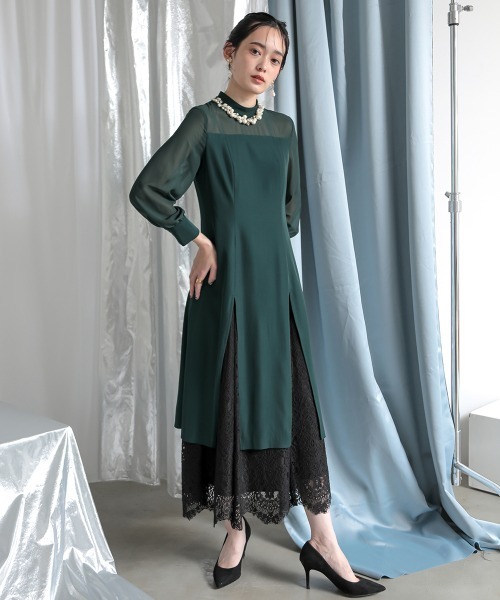 ドレス 【シアーフラワーバストジップベルト】 「Callarus」「結婚式・お呼ばれ・パーティー・オケージョンドレス」裾スリットレースデザインロング丈ワンピースドレス