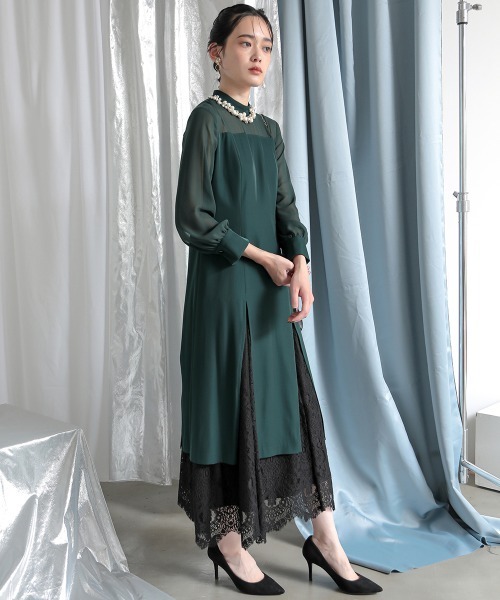 ドレス 【シアーフラワーバストジップベルト】 「Callarus」「結婚式・お呼ばれ・パーティー・オケージョンドレス」裾スリットレースデザインロング丈ワンピースドレス
