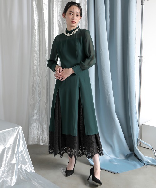 ドレス 【シアーフラワーバストジップベルト】 「Callarus」「結婚式・お呼ばれ・パーティー・オケージョンドレス」裾スリットレースデザインロング丈ワンピースドレス
