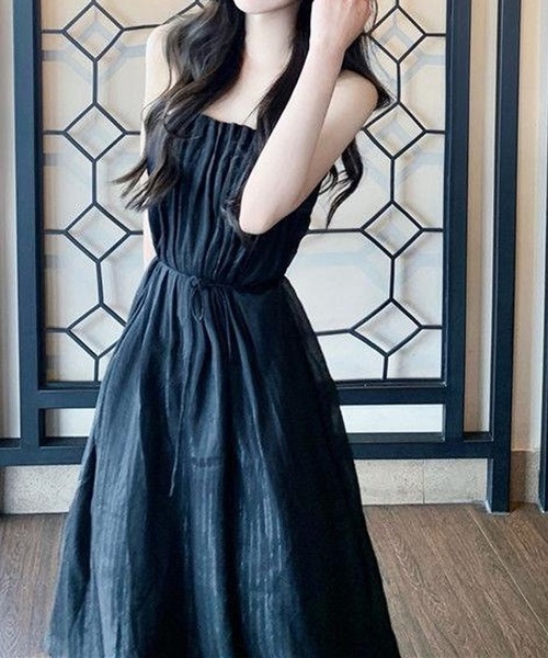 Ameri Vintage シャーリング ワンピース　ブラック Ameri（アメリ）の「SHIRRING PLEATS NS DRESS（ワンピース