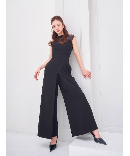 【Darich】ダーリッチ　パールビジューネックワイドベアオールインワン Darich ワンピース パールビジューネックワイドベア