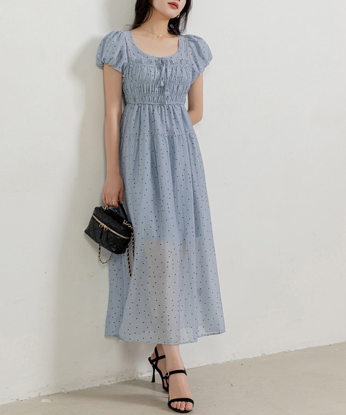 パーティードレス ワンピース ドット柄シアー 切り替え タイト DAY CLOSET ワンピース レディース ドット柄シアーウエスト切替