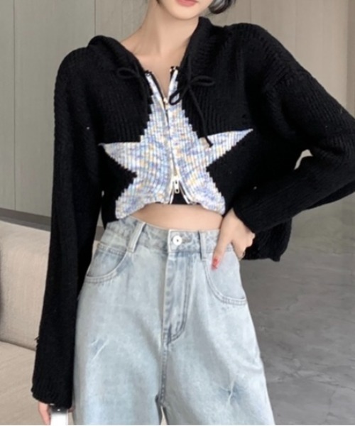 【P】NKNIT ニットセーター クロップド丈 LADY LIKE（レディライク） ニット セーター クロップド丈星柄ジップ