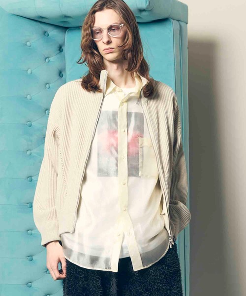 MAISON SPECIAL メッシュニット ホワイト Front Zip Mesh Border Knitwear