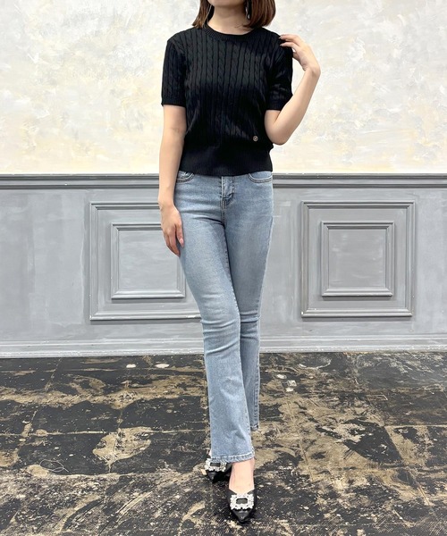 Julia Boutique ニット セーター モチーフ付き ケーブル編み半袖