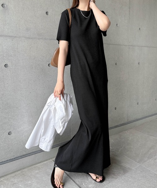 週末セール✨美品✨MEYAME半袖 カットソーワンピース ブラック andme（アンドミー） ワンピース 夏 半袖 セルフカットリブクルー