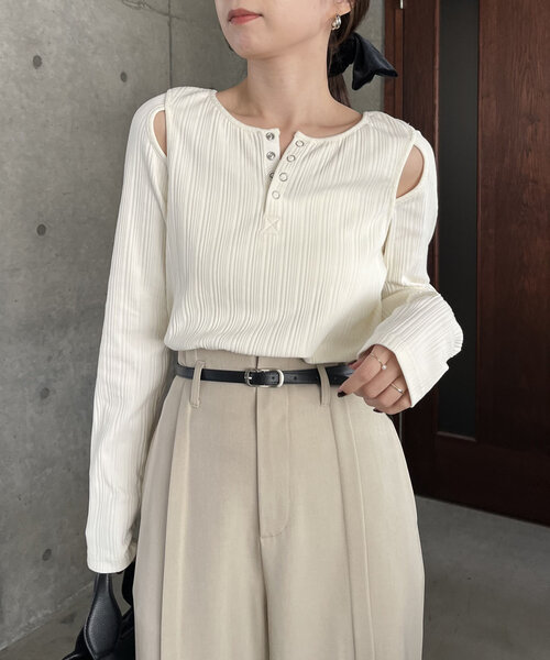 CAPRICIEUX LE'MAGE ランダムリブ2wayロンT ベージュ CAPRICIEUX LE'MAGE tシャツ ランダムリブ2WAYロンT レディース