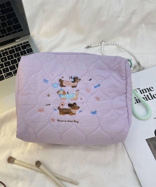 桃色わんこ♡サテンキルティングポーチ ポーチ わんちゃん刺繍キルティングポーチ レディース : ZOZOTOWN