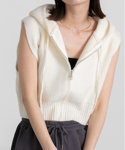 ad thie（アドティエ） ベスト ジレ フード付き ジップアップ ニット 