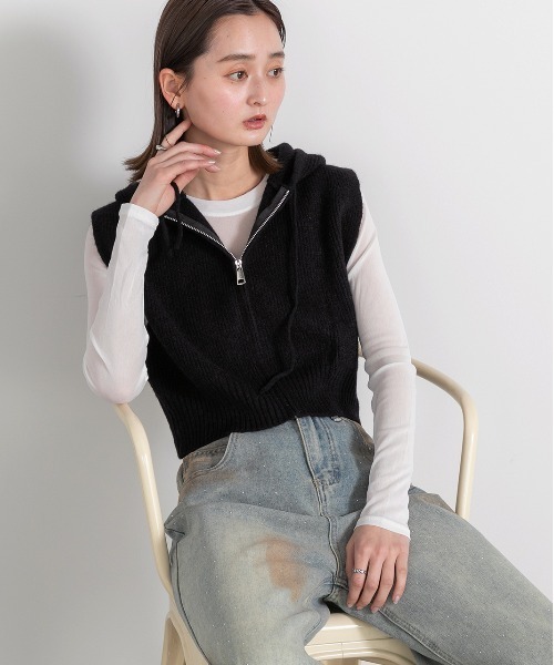ad thie（アドティエ） ベスト ジレ フード付き ジップアップ ニット