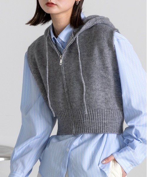 ad thie（アドティエ） ベスト ジレ フード付き ジップアップ ニット