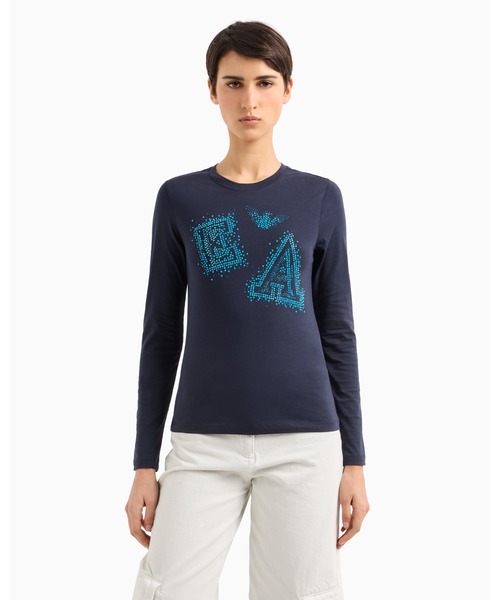 tシャツ 「エンポリオ アルマーニ」セーター ストレッチジャージー マイクロスタッズロゴ レディース