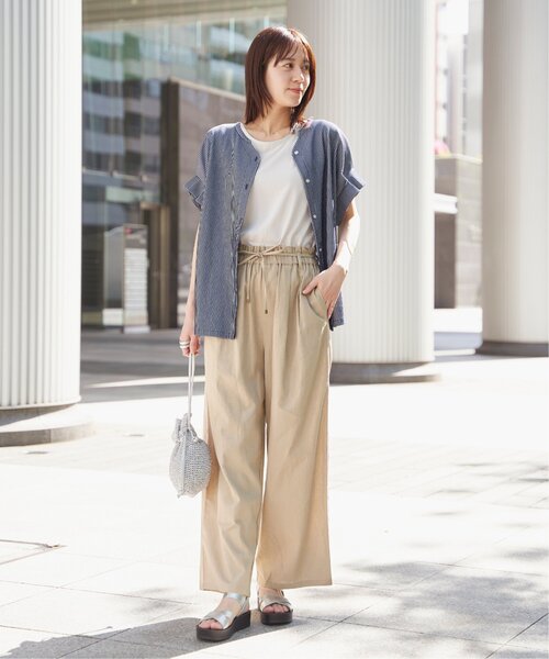 ikka（イッカ） ワイドパンツ パンツ 麻混ベルト付きイージーパンツ